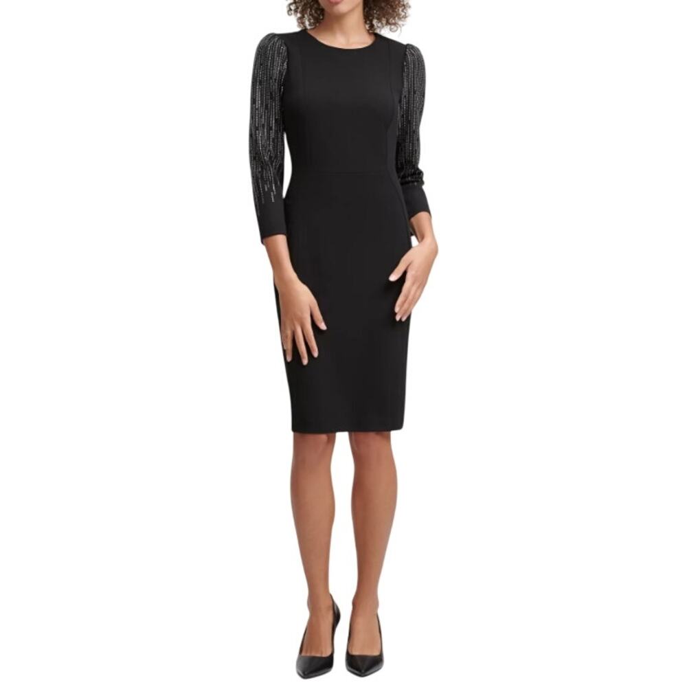 Calvin Klein Black Crepe Sheath Dress Women's‎ Size 12 Rhinestone Puff Sleeve
